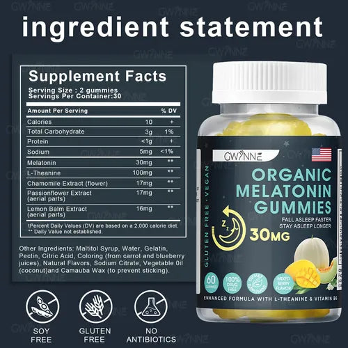 Organic Melatonin Gummies 30 mg — Descanso Profundo y Reparador (60 Gomas Veganas)